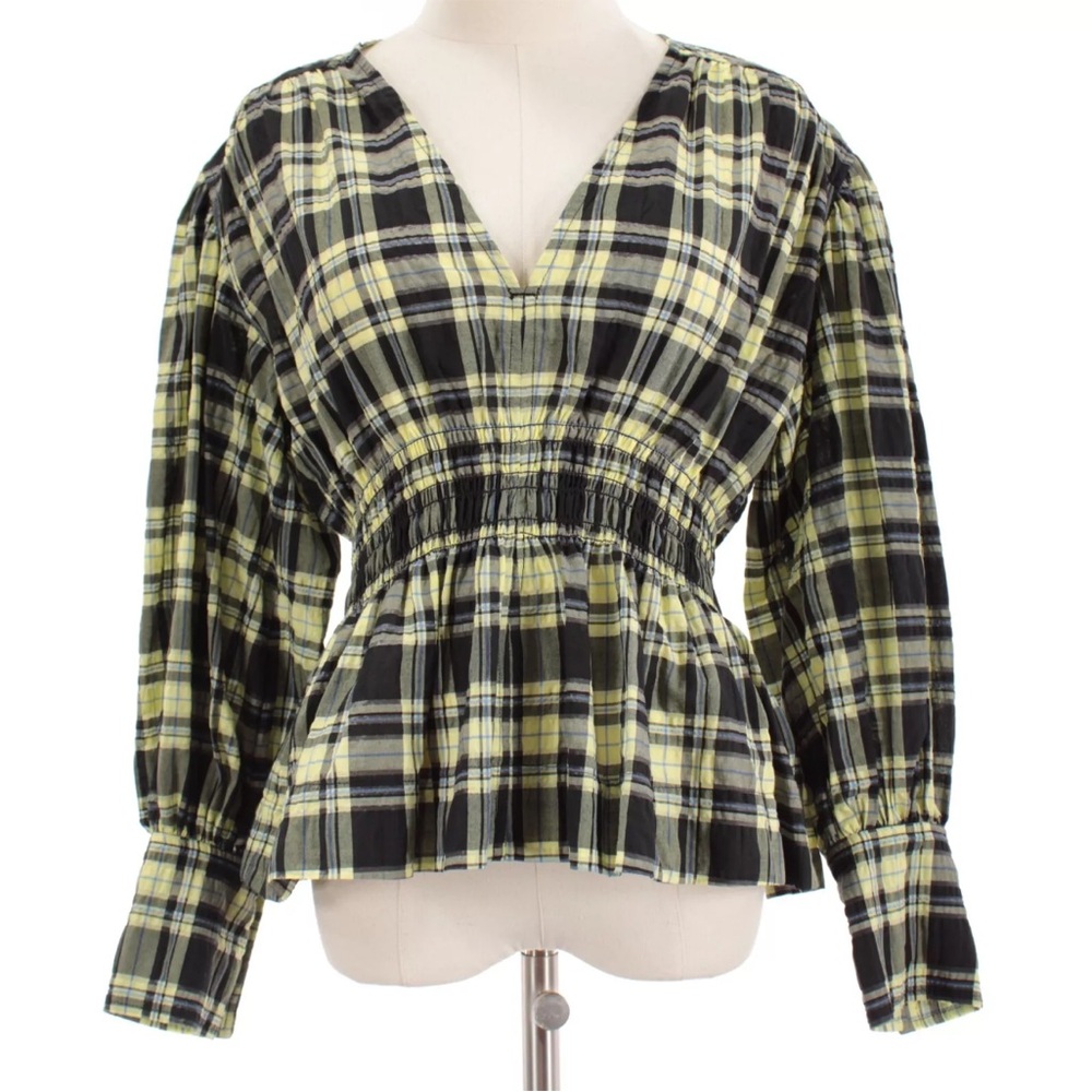 Ganni Black and Yellow Smocked Peplum Blouse